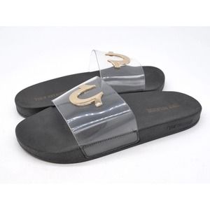 True Religion Sandals Womens Elle Clear Gold Emblem Logo Slides Open Toe